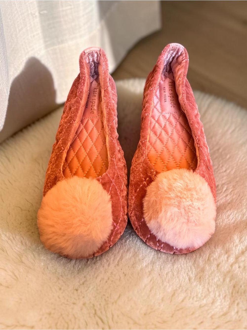 Kate Spade ♠️ Quilted Pink Velvet Pom Ballet Flats, Size 5 (EUC)